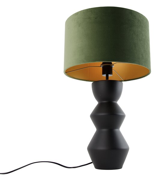 Dizajnová stolná lampa čierna s tienidlom z čierneho zamatu zelená so zlatom 35 cm - Alisia