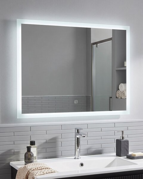 Nástenné zrkadlo strieborná syntetika sklo 80 x 60 cm obdĺžnikový tvar s LED osvetlením moderný štýl kúpeľňa
