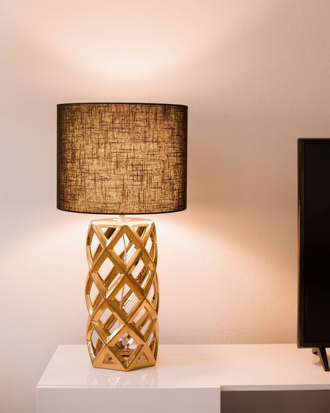 Stolná lampa zlatý keramický podstavec 71 cm čierne látkové tienidlo okrúhle v tvare bubna moderný glamour štýl obývačka spálňa