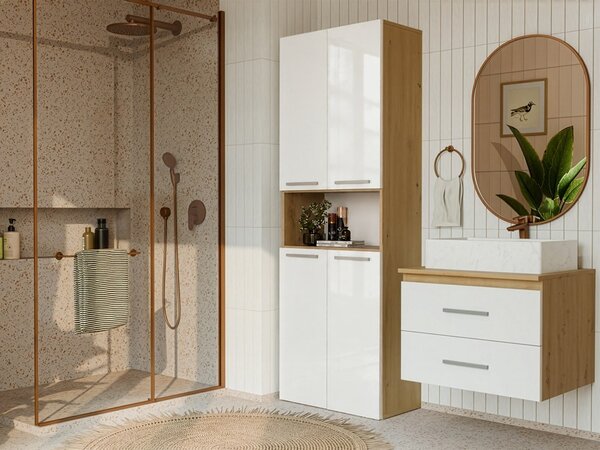 TP Living Koupelnová skříňka s košem na prádlo NEL 1K DK bílý lesk/dub Artisan