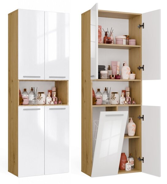 TP Living Koupelnová skříňka s košem na prádlo NEL 1K DK bílý lesk/dub Artisan