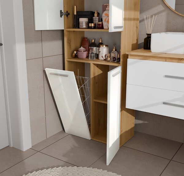 TP Living Koupelnová skříňka s košem na prádlo NEL 1K DK bílý lesk/dub Artisan