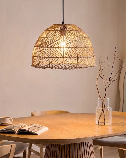 Závesná lampa prírodná béžová ratan syntetický materiál tvar zvona na strop boho štýl obývačka jedáleň