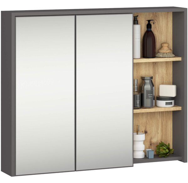 Ak furniture Závesná kúpeľňová skrinka so zrkadlom VAMI 90 cm sivý grafit/dub remeselný