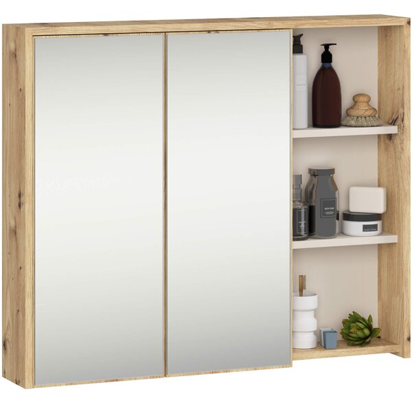Ak furniture Závesná kúpeľňová skrinka so zrkadlom VAMI 90 cm dub artisan/kašmírová
