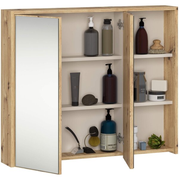 Ak furniture Závesná kúpeľňová skrinka so zrkadlom VAMI 90 cm dub artisan/kašmírová