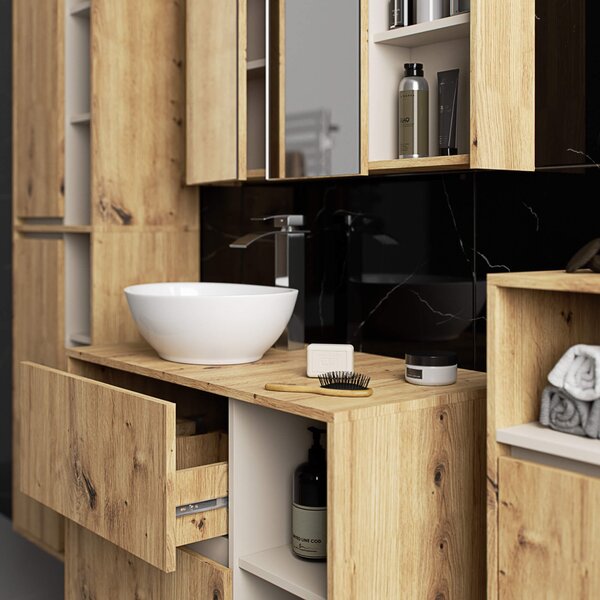 Ak furniture Závesná kúpeľňová skrinka so zrkadlom VAMI 90 cm dub artisan/kašmírová