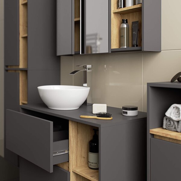 Ak furniture Závesná kúpeľňová skrinka so zrkadlom VAMI 90 cm sivý grafit/dub remeselný