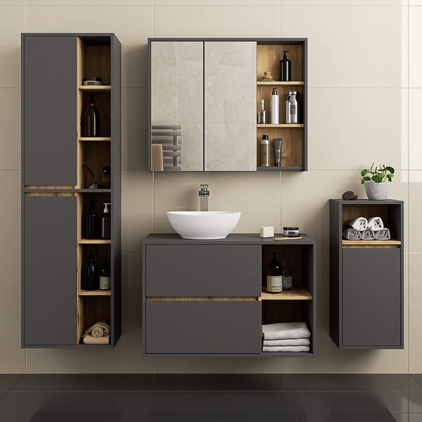 Ak furniture Závesná kúpeľňová skrinka so zrkadlom VAMI 90 cm sivý grafit/dub remeselný