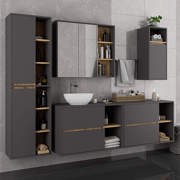 Ak furniture Závesná kúpeľňová skrinka so zrkadlom VAMI 90 cm sivý grafit/dub remeselný
