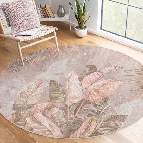 Svetloružový prateľný okrúhly koberec ø 150 cm Dusty Leaves – Mila Home