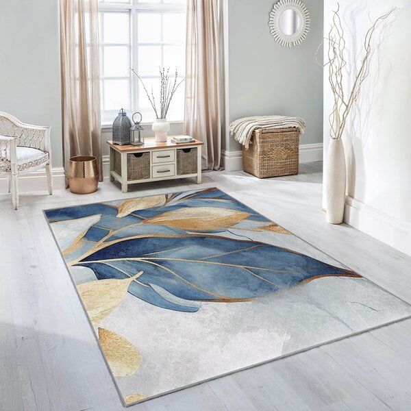 Prateľný koberec v modrej a zlatej farbe 120x180 cm Golden Leaves – Mila Home