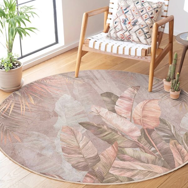 Svetloružový prateľný okrúhly koberec ø 150 cm Dusty Leaves – Mila Home
