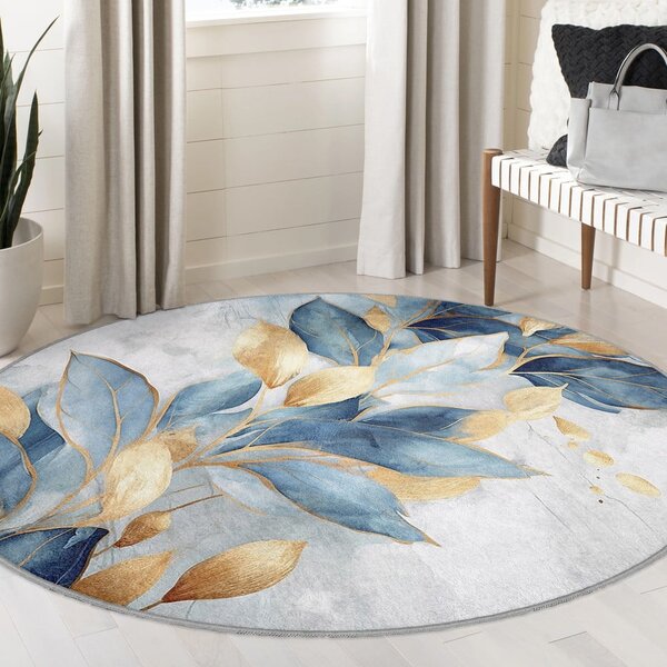 Prateľný okrúhly koberec v modrej a zlatej farbe ø 100 cm Golden Leaves – Mila Home
