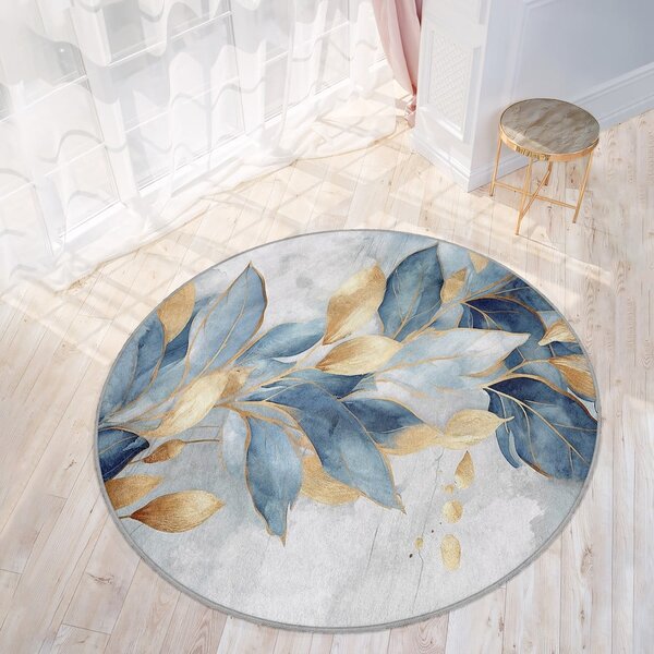 Prateľný okrúhly koberec v modrej a zlatej farbe ø 100 cm Golden Leaves – Mila Home