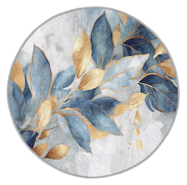 Prateľný okrúhly koberec v modrej a zlatej farbe ø 100 cm Golden Leaves – Mila Home