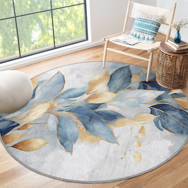Prateľný okrúhly koberec v modrej a zlatej farbe ø 100 cm Golden Leaves – Mila Home