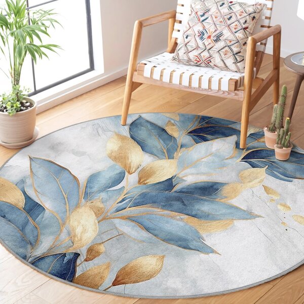 Prateľný okrúhly koberec v modrej a zlatej farbe ø 100 cm Golden Leaves – Mila Home