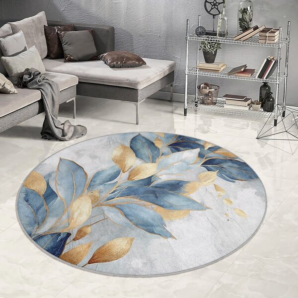 Prateľný okrúhly koberec v modrej a zlatej farbe ø 100 cm Golden Leaves – Mila Home
