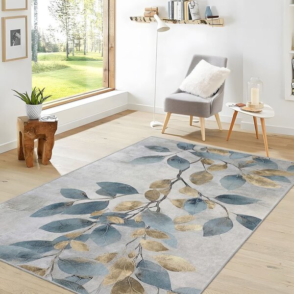 Prateľný behúň vo svetlomodrej a zlatej farbe 80x200 cm Golden Leaves – Mila Home