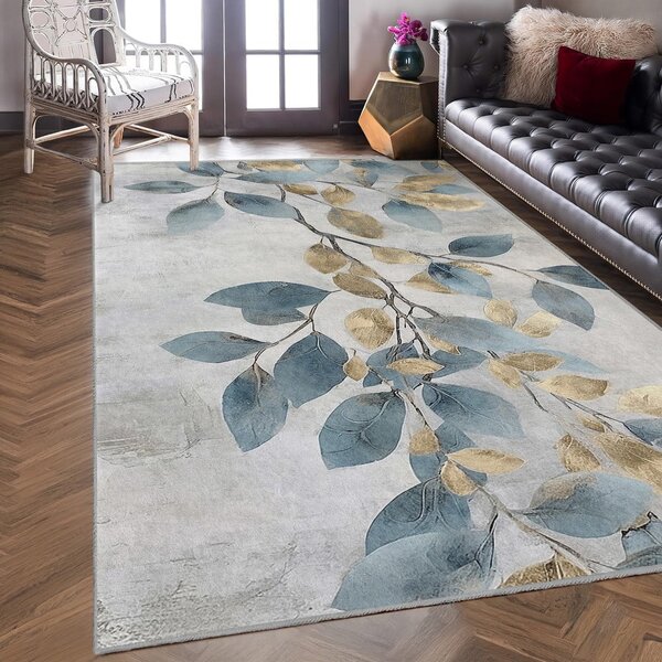 Prateľný behúň vo svetlomodrej a zlatej farbe 80x200 cm Golden Leaves – Mila Home