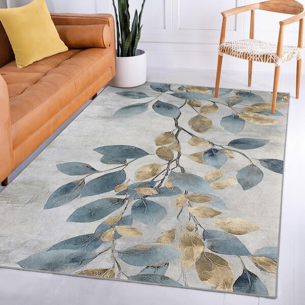 Prateľný behúň vo svetlomodrej a zlatej farbe 80x200 cm Golden Leaves – Mila Home