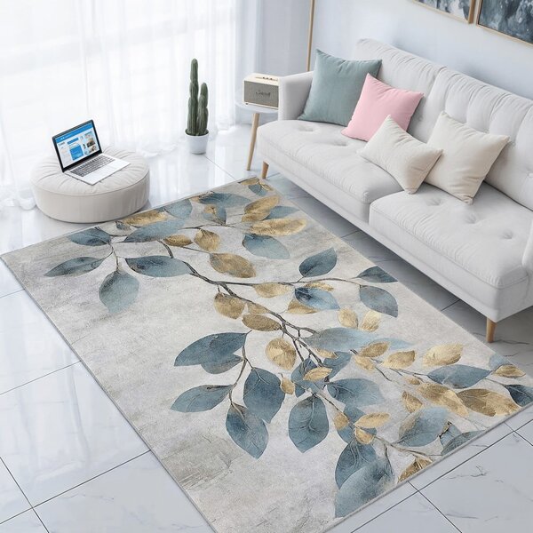 Prateľný behúň vo svetlomodrej a zlatej farbe 80x200 cm Golden Leaves – Mila Home