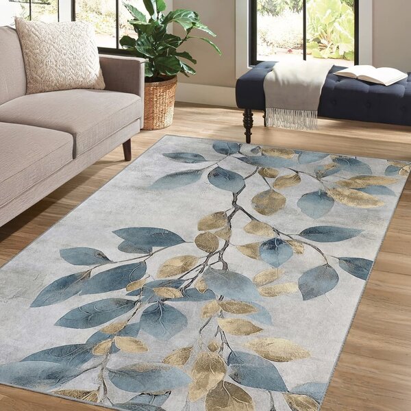 Prateľný behúň vo svetlomodrej a zlatej farbe 80x200 cm Golden Leaves – Mila Home