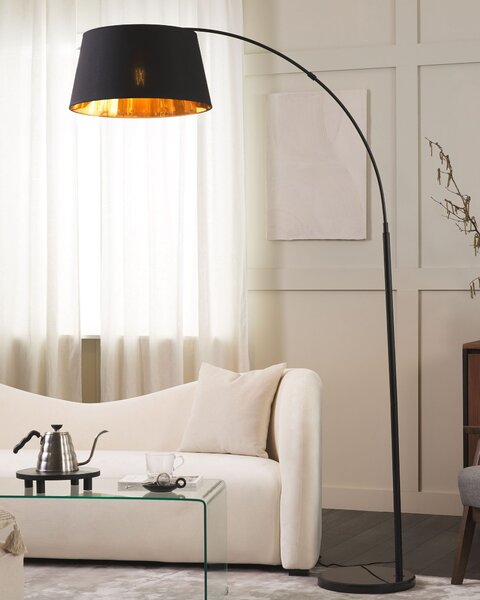 Stojaca lampa čierna medená kov mramorový podstavec bavlnené okrúhle tienidlo 197 cm moderný glamour štýl osvetlenie