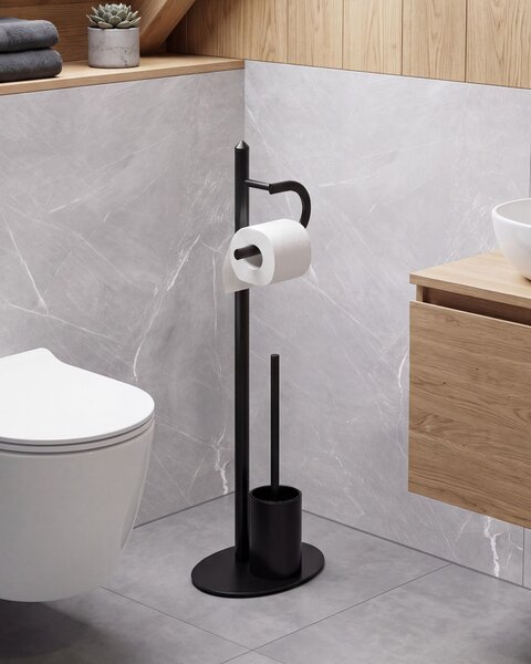 Stojan na toaletný papier a WC kefu čierny oceľ práškovo lakovaný matný povrch voľne stojaci držiak moderný štýl doplnky kúpeľňa