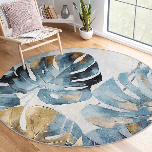 Modrý prateľný okrúhly koberec ø 80 cm Golden Leaves – Mila Home