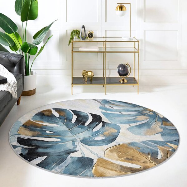 Modrý prateľný okrúhly koberec ø 80 cm Golden Leaves – Mila Home