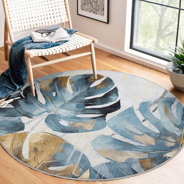 Modrý prateľný okrúhly koberec ø 80 cm Golden Leaves – Mila Home