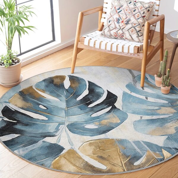 Modrý prateľný okrúhly koberec ø 80 cm Golden Leaves – Mila Home