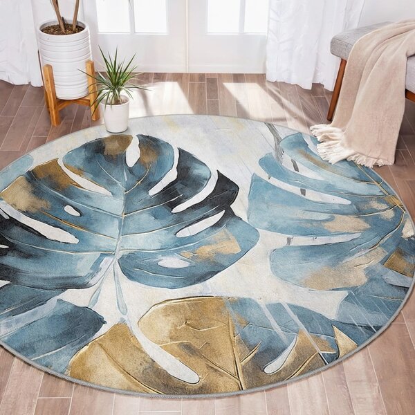 Modrý prateľný okrúhly koberec ø 80 cm Golden Leaves – Mila Home