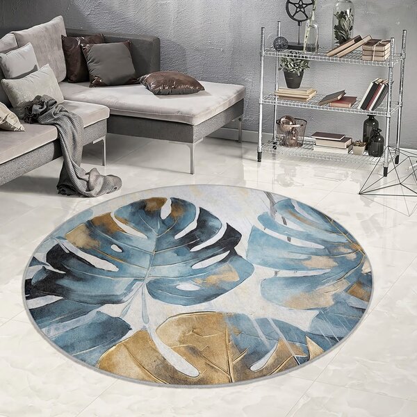 Modrý prateľný okrúhly koberec ø 80 cm Golden Leaves – Mila Home
