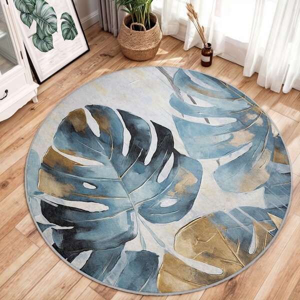 Modrý prateľný okrúhly koberec ø 80 cm Golden Leaves – Mila Home