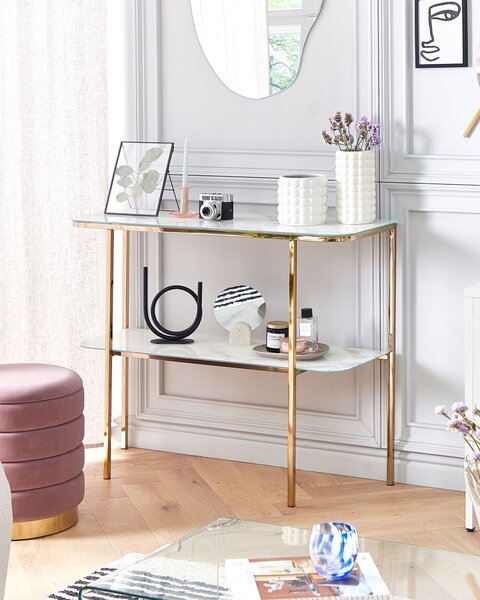 Konzolový stolík biely zlatý tvrdené sklo oceľ 100 x 33 cm mramorový vzhľad glamour moderná obývačka spálňa