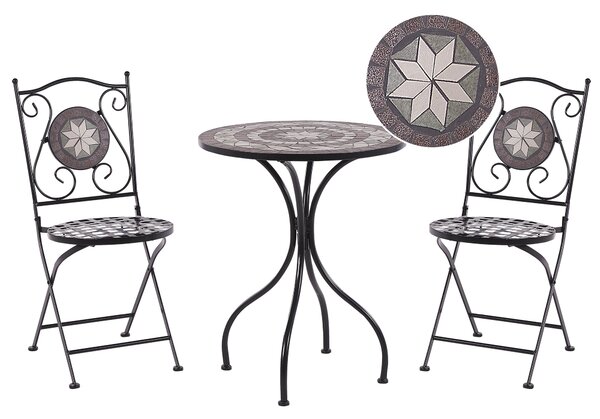 Záhradná bistro súprava čierna kovová nábytok na balkón stôl skladacie stoličky mozaikový vzor vintage štýl