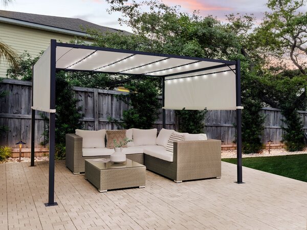 Pergola béžový polyester oceľový rám 310 x 310 cm látkové tienidlo solárne LED svetlá záhradný prístrešok moderný štýl exteriér