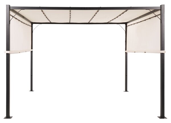 Pergola béžový polyester oceľový rám 310 x 310 cm látkové tienidlo solárne LED svetlá záhradný prístrešok moderný štýl exteriér