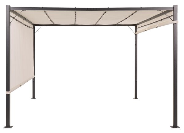 Pergola béžový polyester oceľový rám 310 x 310 cm látkové tienidlo solárne LED svetlá záhradný prístrešok moderný štýl exteriér