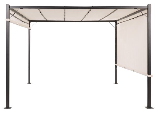 Pergola béžový polyester oceľový rám 310 x 310 cm látkové tienidlo solárne LED svetlá záhradný prístrešok moderný štýl exteriér