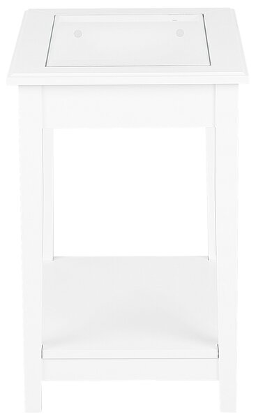 Odkladací stolík biely MDF 60 x 57 x 40 cm sklenená vrchná doska s policou nočný stolík moderný rustikálny štýl obývačka spálňa
