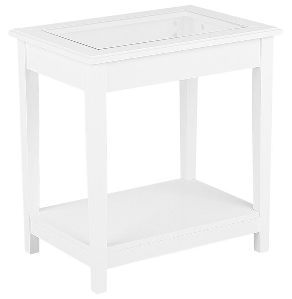 Odkladací stolík biely MDF 60 x 57 x 40 cm sklenená vrchná doska s policou nočný stolík moderný rustikálny štýl obývačka spálňa