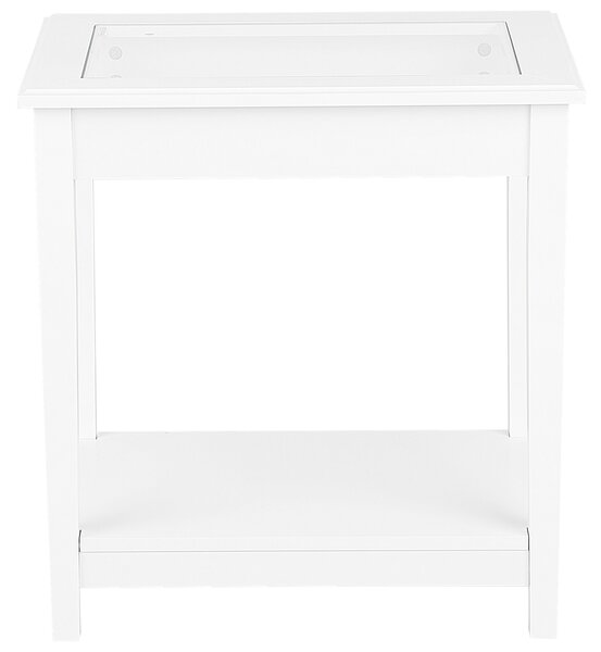 Odkladací stolík biely MDF 60 x 57 x 40 cm sklenená vrchná doska s policou nočný stolík moderný rustikálny štýl obývačka spálňa
