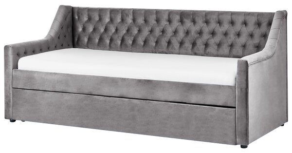 Rozkladacia posteľ sivá zamat 90 x 200 cm s roštom prešívané čelo s gombíkmi glamour štýl spálňa