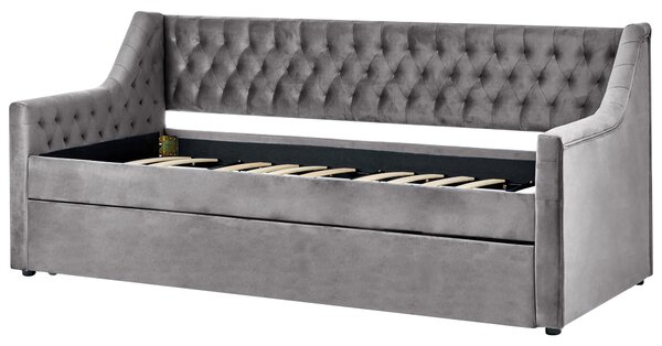 Rozkladacia posteľ sivá zamat 90 x 200 cm s roštom prešívané čelo s gombíkmi glamour štýl spálňa