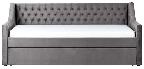 Rozkladacia posteľ sivá zamat 90 x 200 cm s roštom prešívané čelo s gombíkmi glamour štýl spálňa