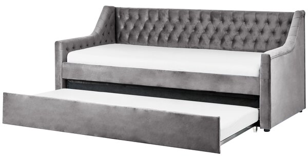 Rozkladacia posteľ sivá zamat 90 x 200 cm s roštom prešívané čelo s gombíkmi glamour štýl spálňa